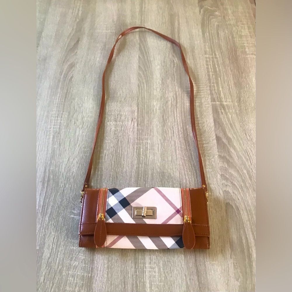 Plaid Crossbody Bag with Brown Accents